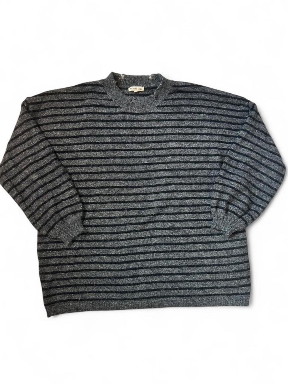 Main Strip Womenโs Oversized Grey and Black Striped Distressed Crewneck Sweater